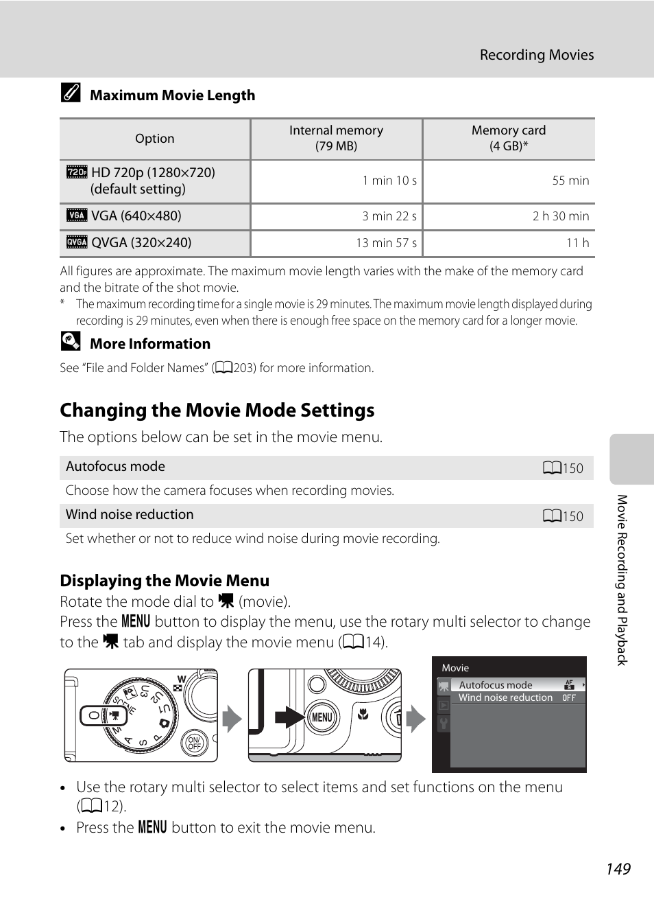 Changing the movie mode settings, A149, A149) | Displaying the movie menu | Nortel Networks COOLPIX P7000 User Manual | Page 163 / 240