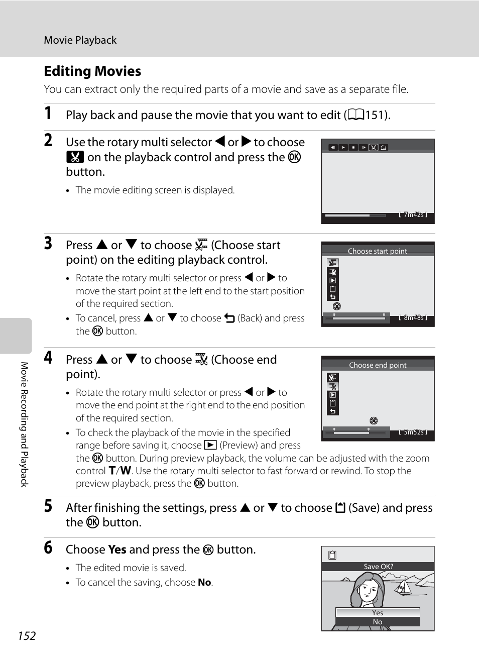 Editing movies, A152) | Nortel Networks COOLPIX P7000 User Manual | Page 166 / 240