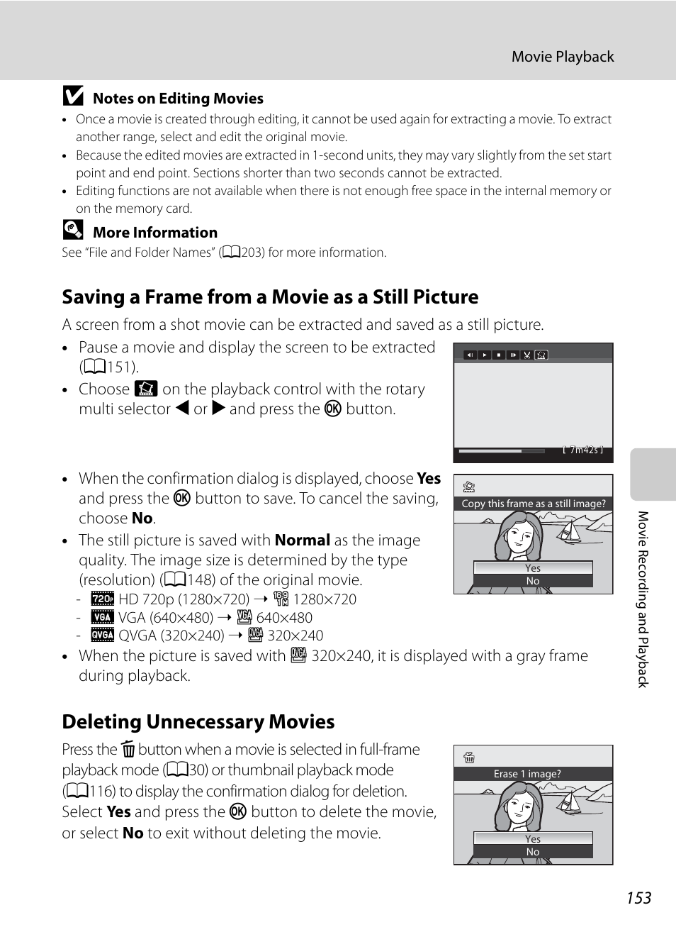 Saving a frame from a movie as a still picture, Deleting unnecessary movies, A153) | Nortel Networks COOLPIX P7000 User Manual | Page 167 / 240