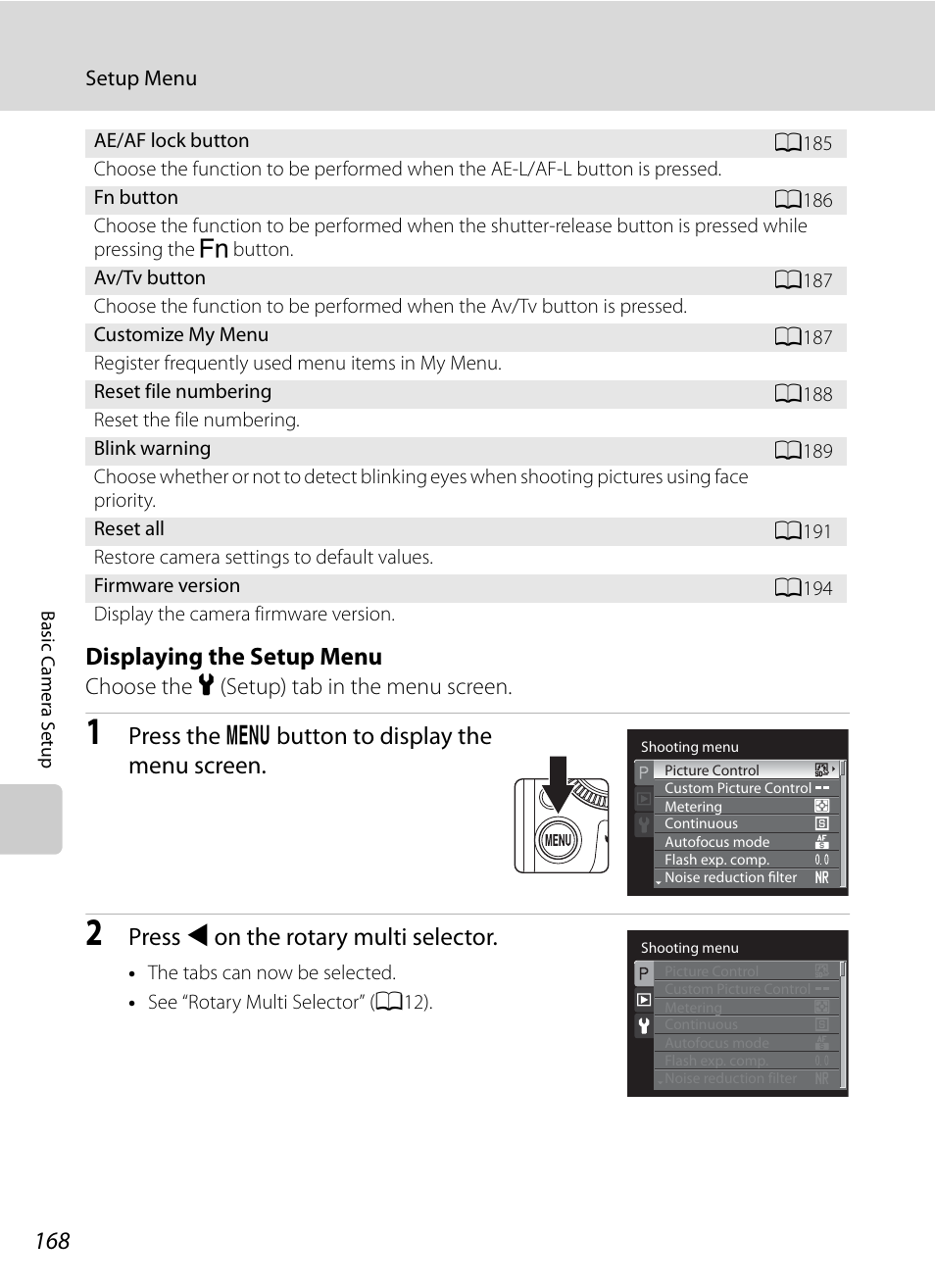 Displaying the setup menu, Press the d button to display the menu screen, Press j on the rotary multi selector | Nortel Networks COOLPIX P7000 User Manual | Page 182 / 240