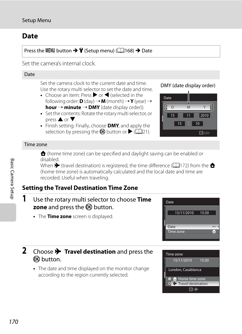 Date, A170), A170 | Setting the travel destination time zone, Choose x travel destination and press the k button | Nortel Networks COOLPIX P7000 User Manual | Page 184 / 240
