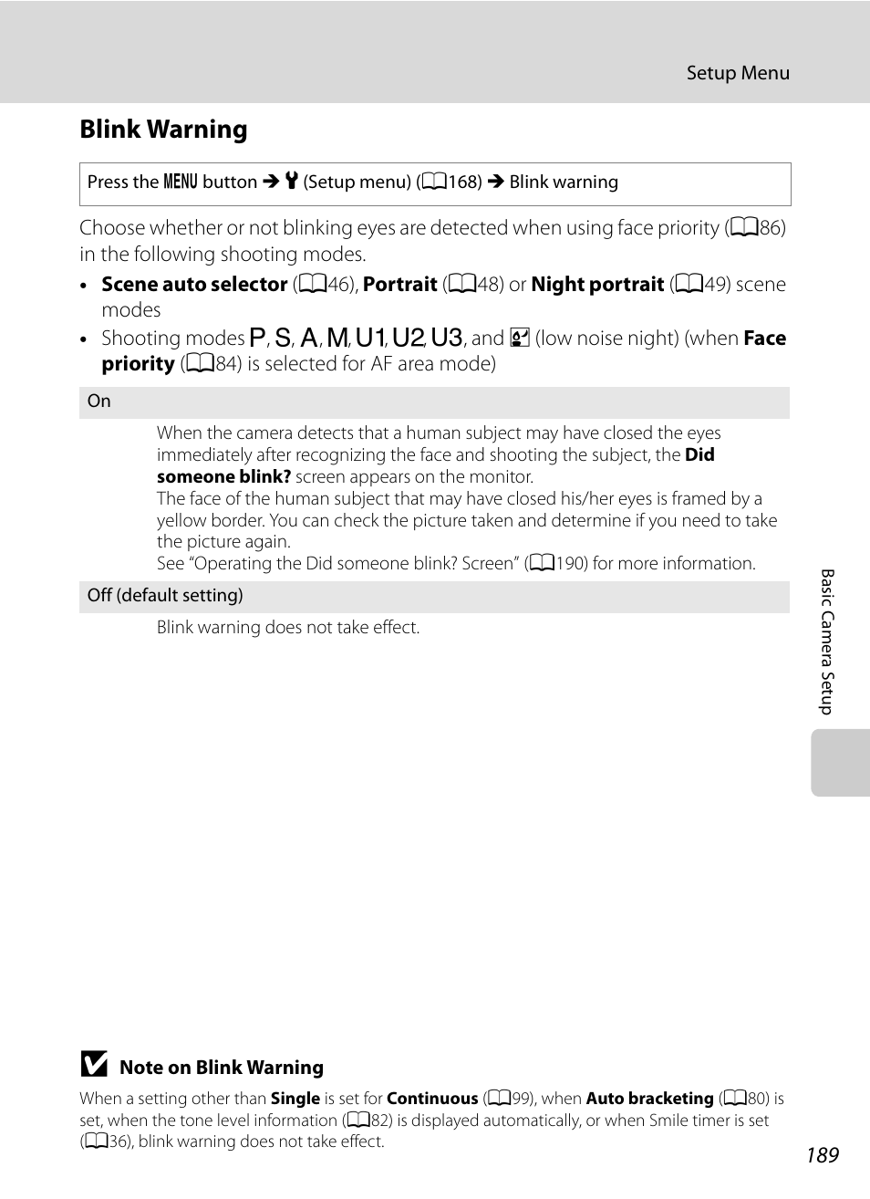Blink warning, A189 | Nortel Networks COOLPIX P7000 User Manual | Page 203 / 240
