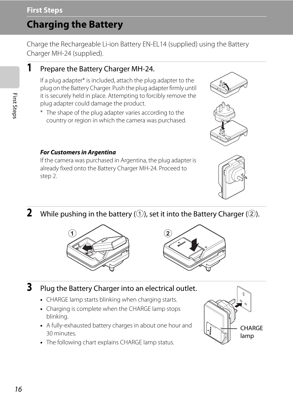 First steps, Charging the battery | Nortel Networks COOLPIX P7000 User Manual | Page 30 / 240