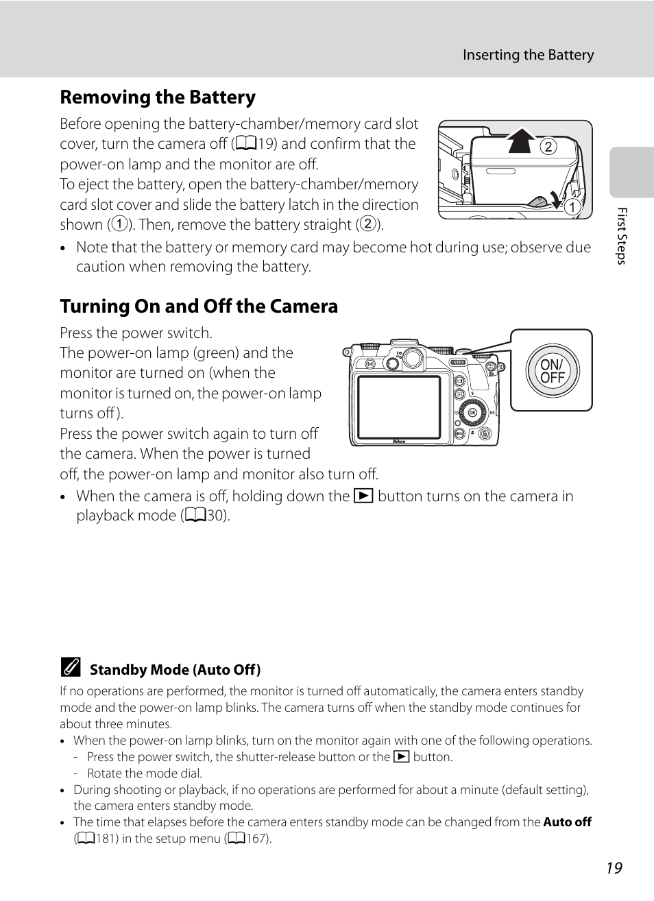 Removing the battery, Turning on and off the camera, Removing the battery turning on and off the camera | Nortel Networks COOLPIX P7000 User Manual | Page 33 / 240