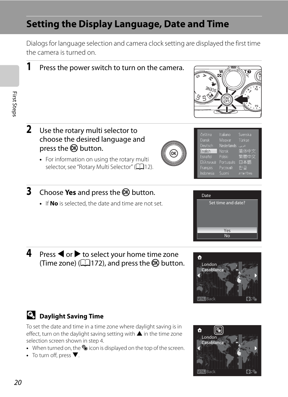 Setting the display language, date and time | Nortel Networks COOLPIX P7000 User Manual | Page 34 / 240