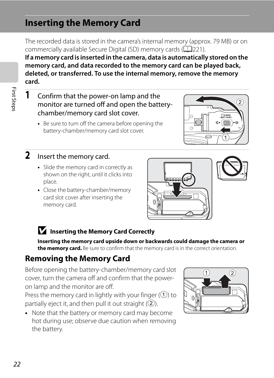 Inserting the memory card, Removing the memory card | Nortel Networks COOLPIX P7000 User Manual | Page 36 / 240