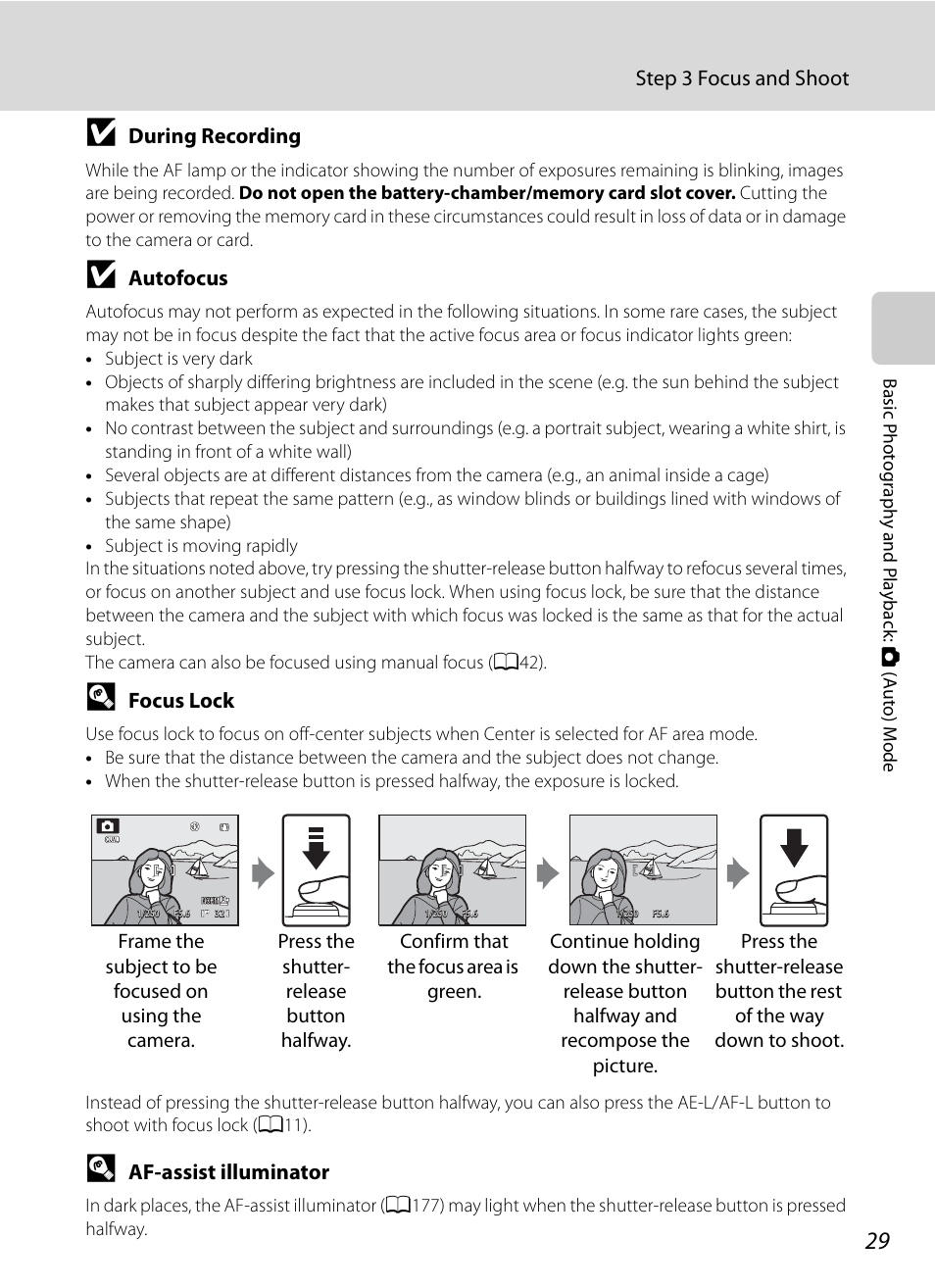 Step 3 focus and shoot, During recording, Autofocus | Focus lock, Af-assist illuminator | Nortel Networks COOLPIX P7000 User Manual | Page 43 / 240