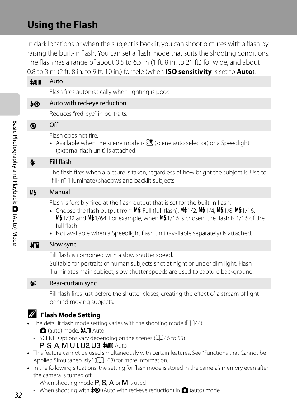 Using the flash, A32), A32) t | Nortel Networks COOLPIX P7000 User Manual | Page 46 / 240