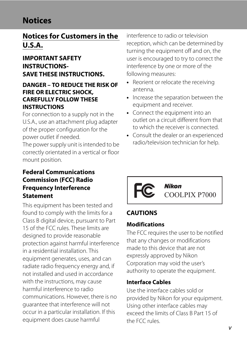 Notices, Notices for customers in the u.s.a, Coolpix p7000 | Nortel Networks COOLPIX P7000 User Manual | Page 7 / 240