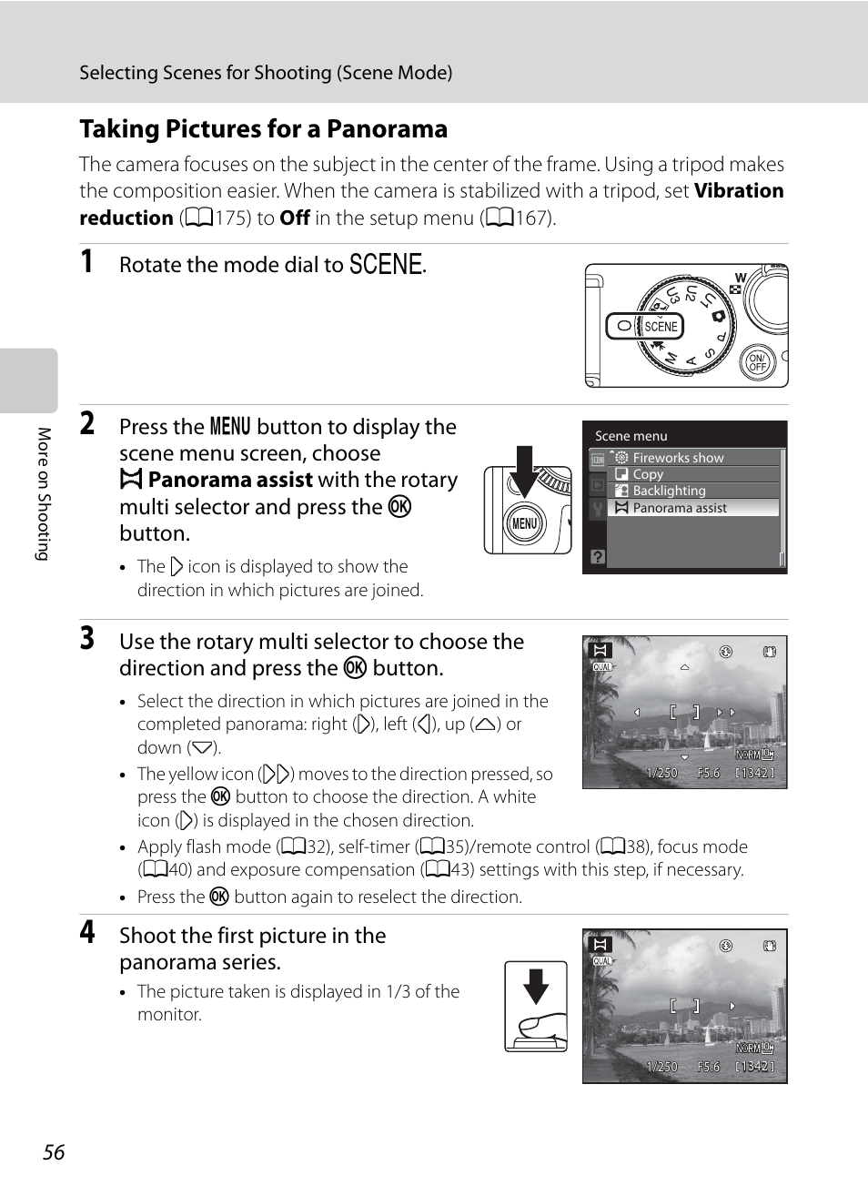 Taking pictures for a panorama, Rotate the mode dial to y, Shoot the first picture in the panorama series | Nortel Networks COOLPIX P7000 User Manual | Page 70 / 240