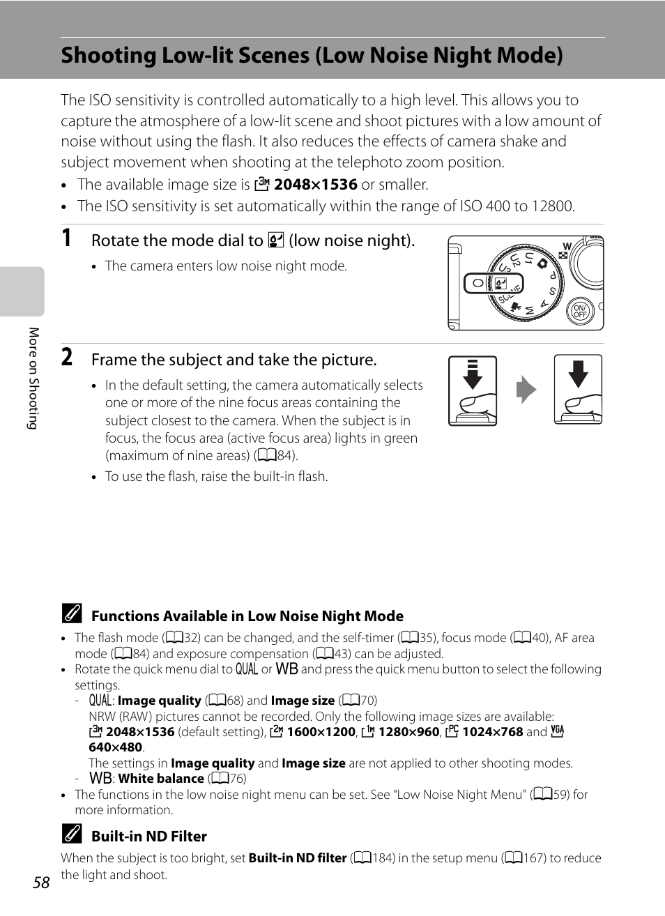 Shooting low-lit scenes (low noise night mode), A58) | Nortel Networks COOLPIX P7000 User Manual | Page 72 / 240