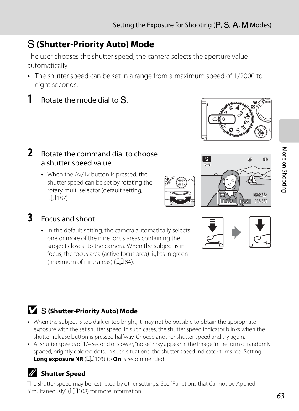 S (shutter-priority auto) mode, B (shutter-priority auto) mode, A63) | Nortel Networks COOLPIX P7000 User Manual | Page 77 / 240