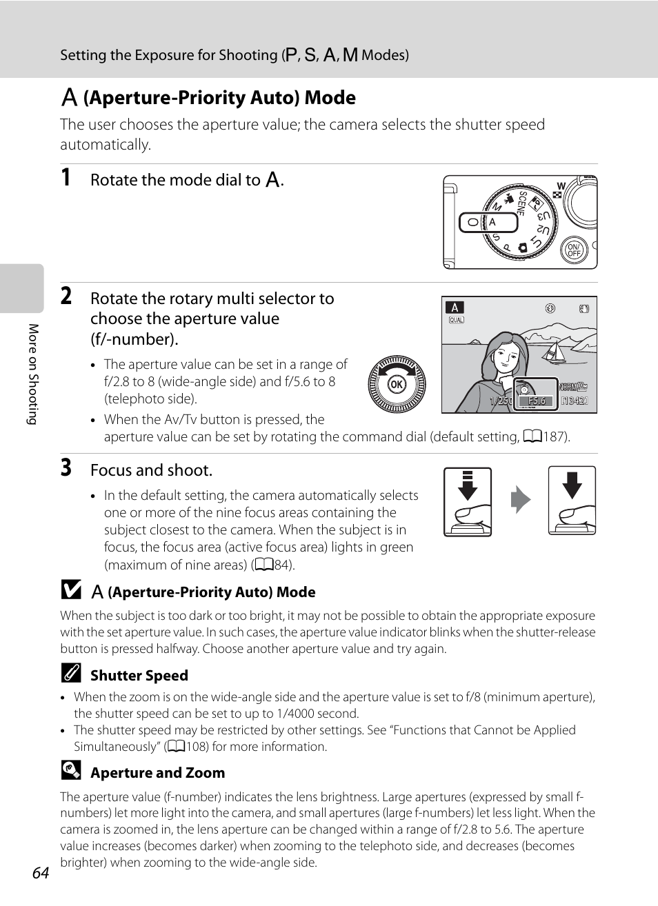 A (aperture-priority auto) mode, C (aperture-priority auto) mode, A64) | Nortel Networks COOLPIX P7000 User Manual | Page 78 / 240