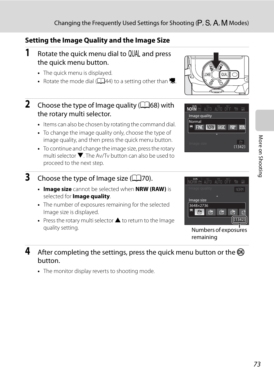 Setting the image quality and the image size, A 73) | Nortel Networks COOLPIX P7000 User Manual | Page 87 / 240