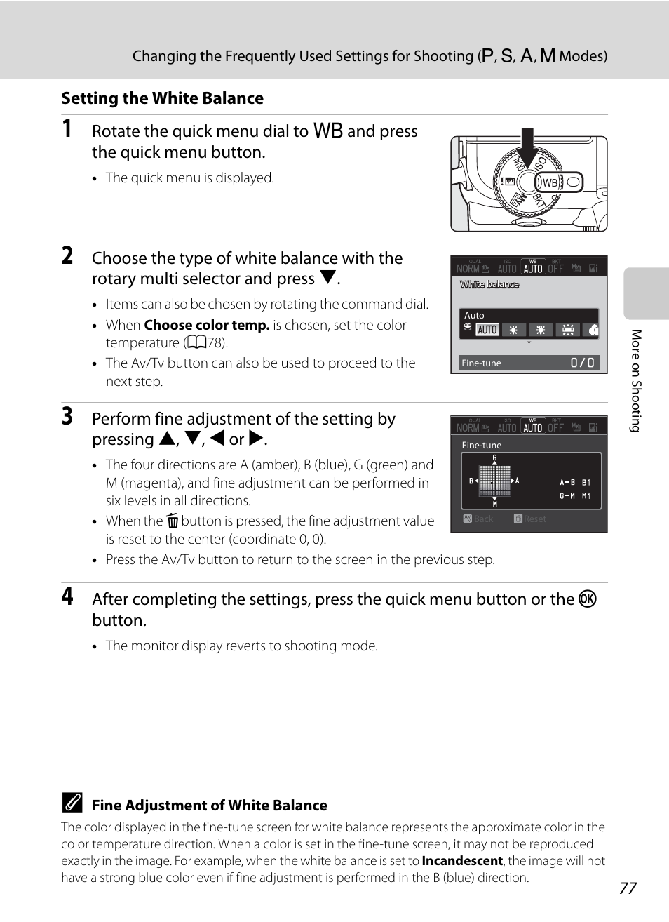 Setting the white balance, A77) | Nortel Networks COOLPIX P7000 User Manual | Page 91 / 240