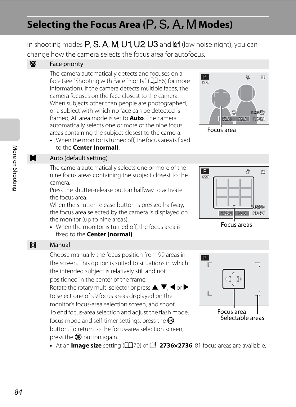 Selecting the focus area (p, s, a, m modes), Selecting the focus area, A, b, c, d modes) | A84), A84). p, A84) a, Selecting the focus area ( a , b , c , d modes) | Nortel Networks COOLPIX P7000 User Manual | Page 98 / 240