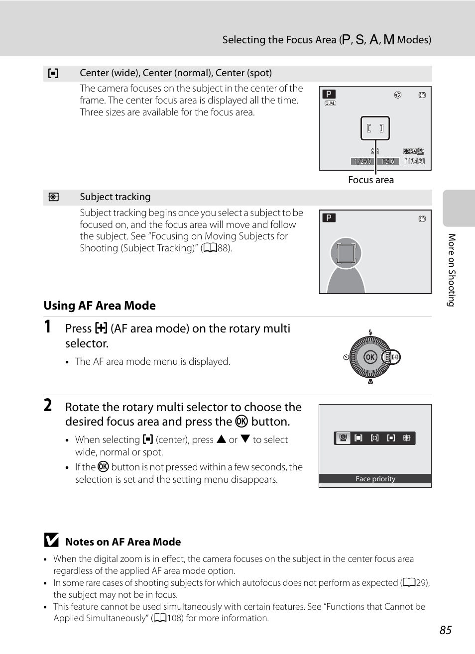 Using af area mode | Nortel Networks COOLPIX P7000 User Manual | Page 99 / 240