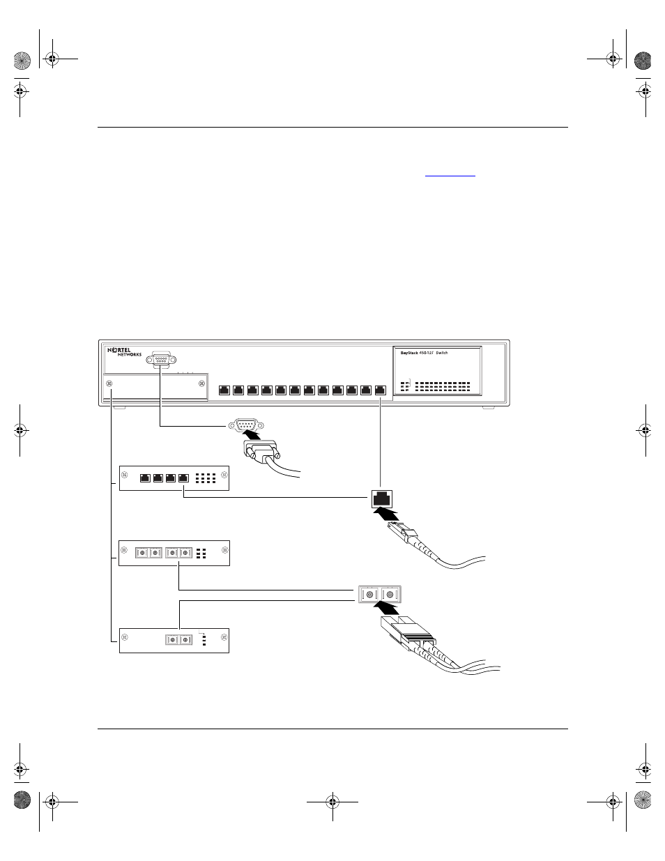 Connecting fiber optic ports, Connecting fiber optic ports -9, Figure 2-6 | Fiber optic port connections -9, Installing the baystack 450 switch, Figure 2-6. fiber optic port connections, 2fx mda, 4fx mda mt-rj connector sc connector, 1lx mda | Nortel Networks 450 User Manual | Page 117 / 290