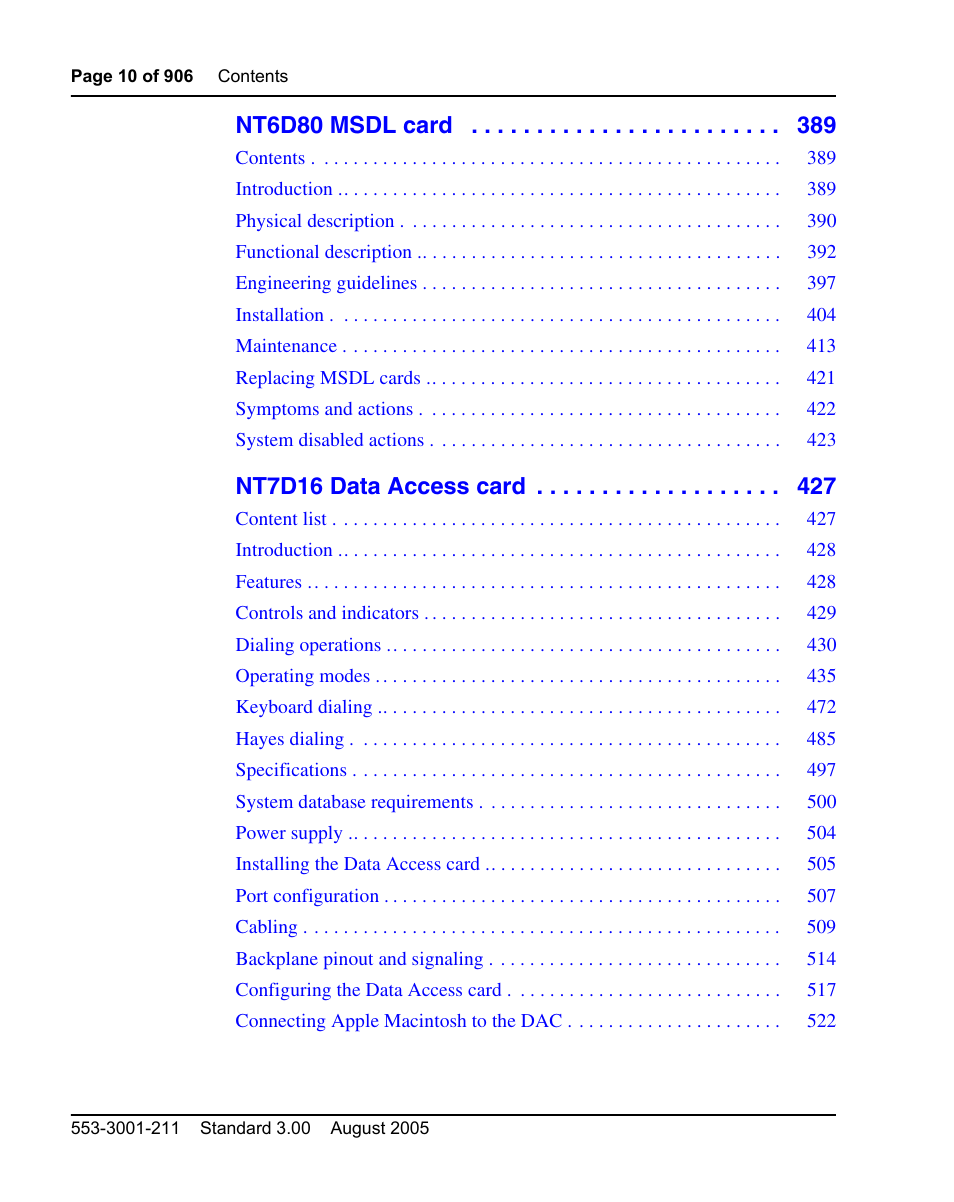 Nt6d80 msdl card, Nt7d16 data access card | Nortel Networks Circuit Card User Manual | Page 10 / 908