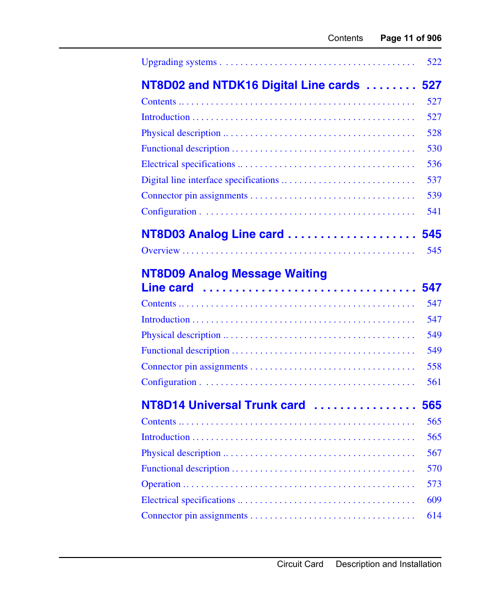 Nt8d03 analog line card, Nt8d09 analog message waiting line card, Nt8d14 universal trunk card | Nortel Networks Circuit Card User Manual | Page 11 / 908