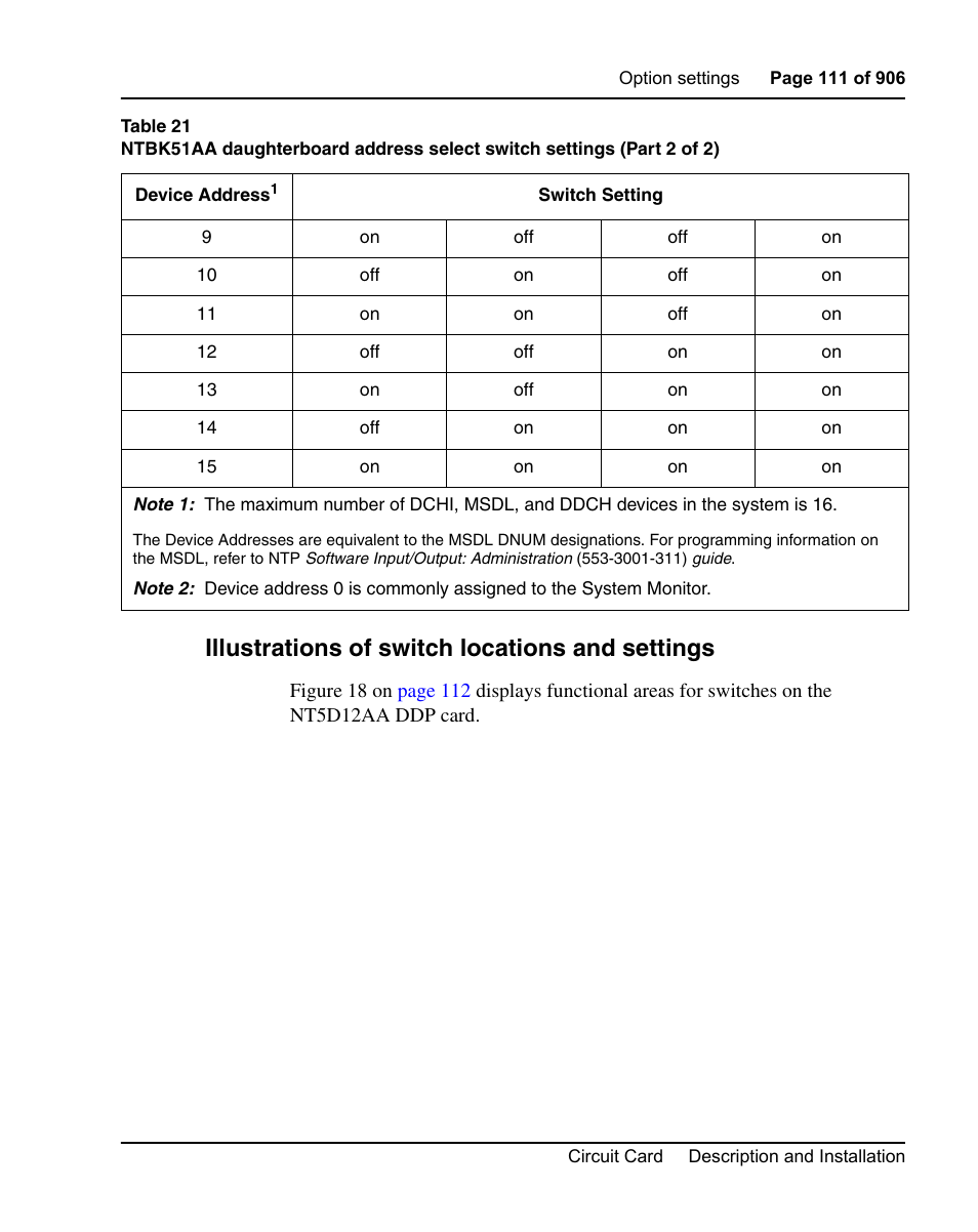 Illustrations of switch locations and settings | Nortel Networks Circuit Card User Manual | Page 111 / 908