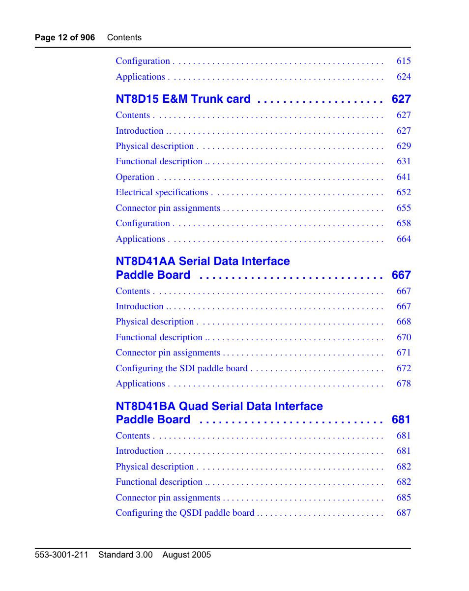 Nt8d15 e&m trunk card, Nt8d41aa serial data interface paddle board, Nt8d41ba quad serial data interface paddle board | Nortel Networks Circuit Card User Manual | Page 12 / 908