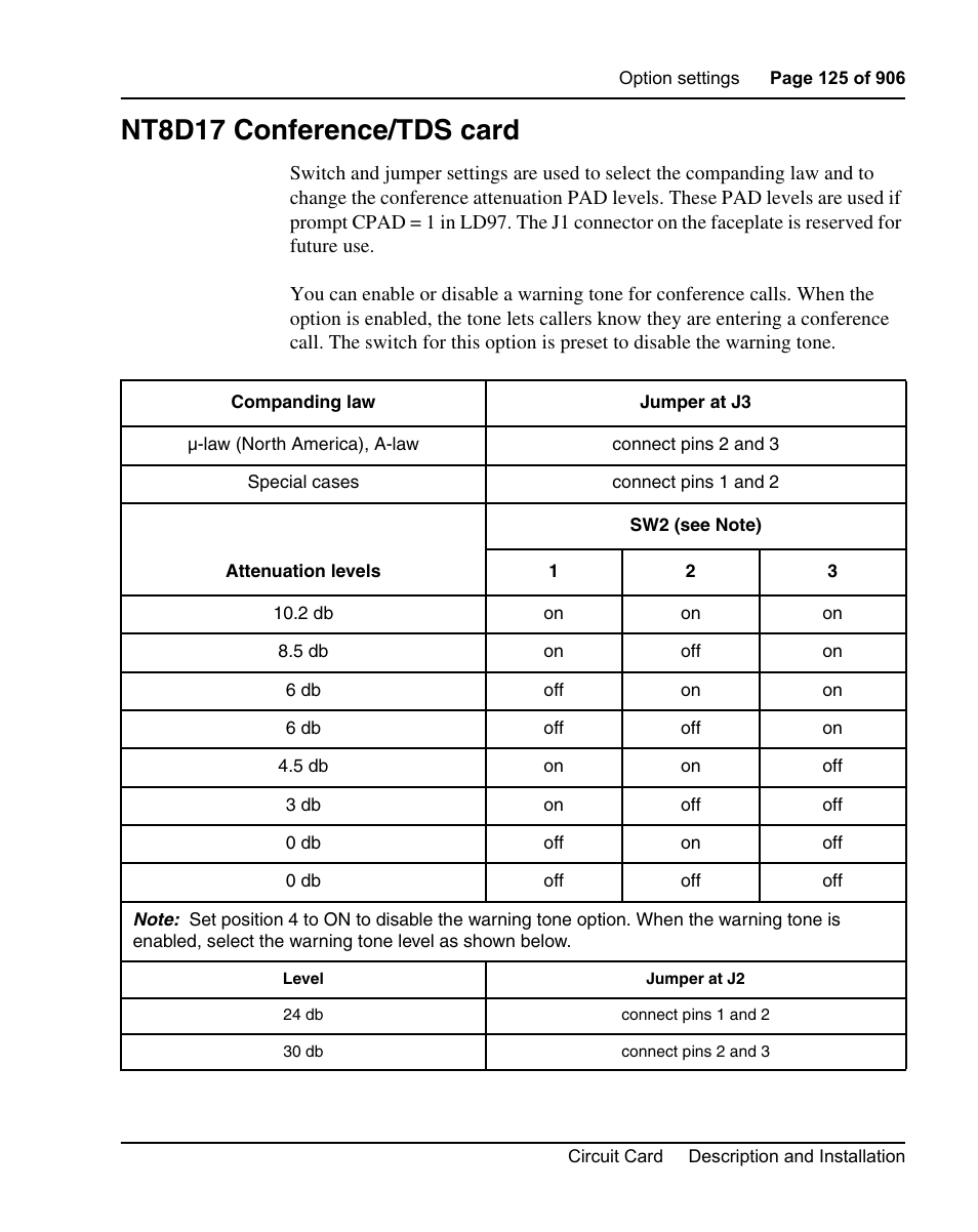 Nt8d17 conference/tds card | Nortel Networks Circuit Card User Manual | Page 125 / 908