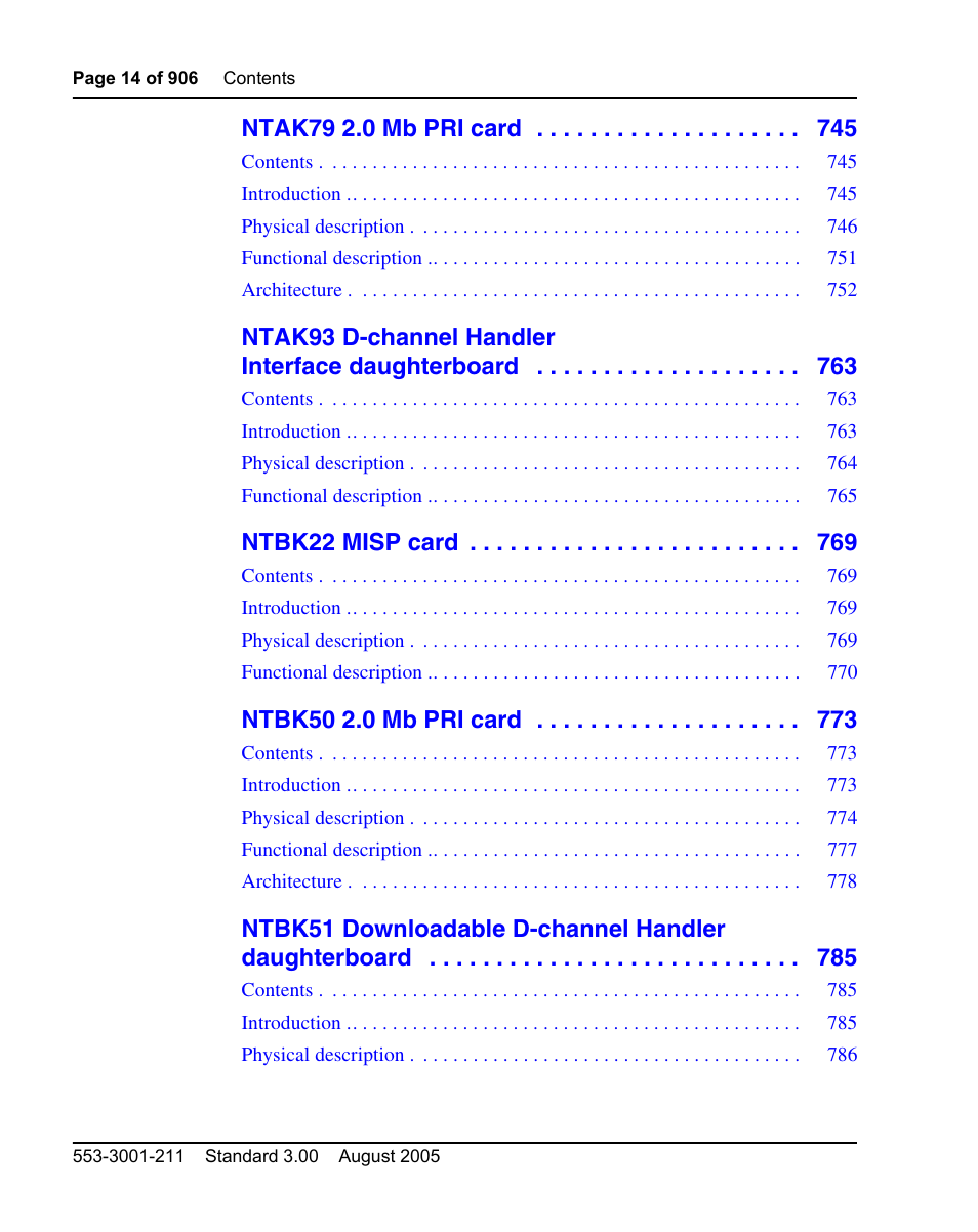 Ntak79 2.0 mb pri card, Ntak93 d-channel handler interface daughterboard, Ntbk22 misp card | Ntbk50 2.0 mb pri card | Nortel Networks Circuit Card User Manual | Page 14 / 908