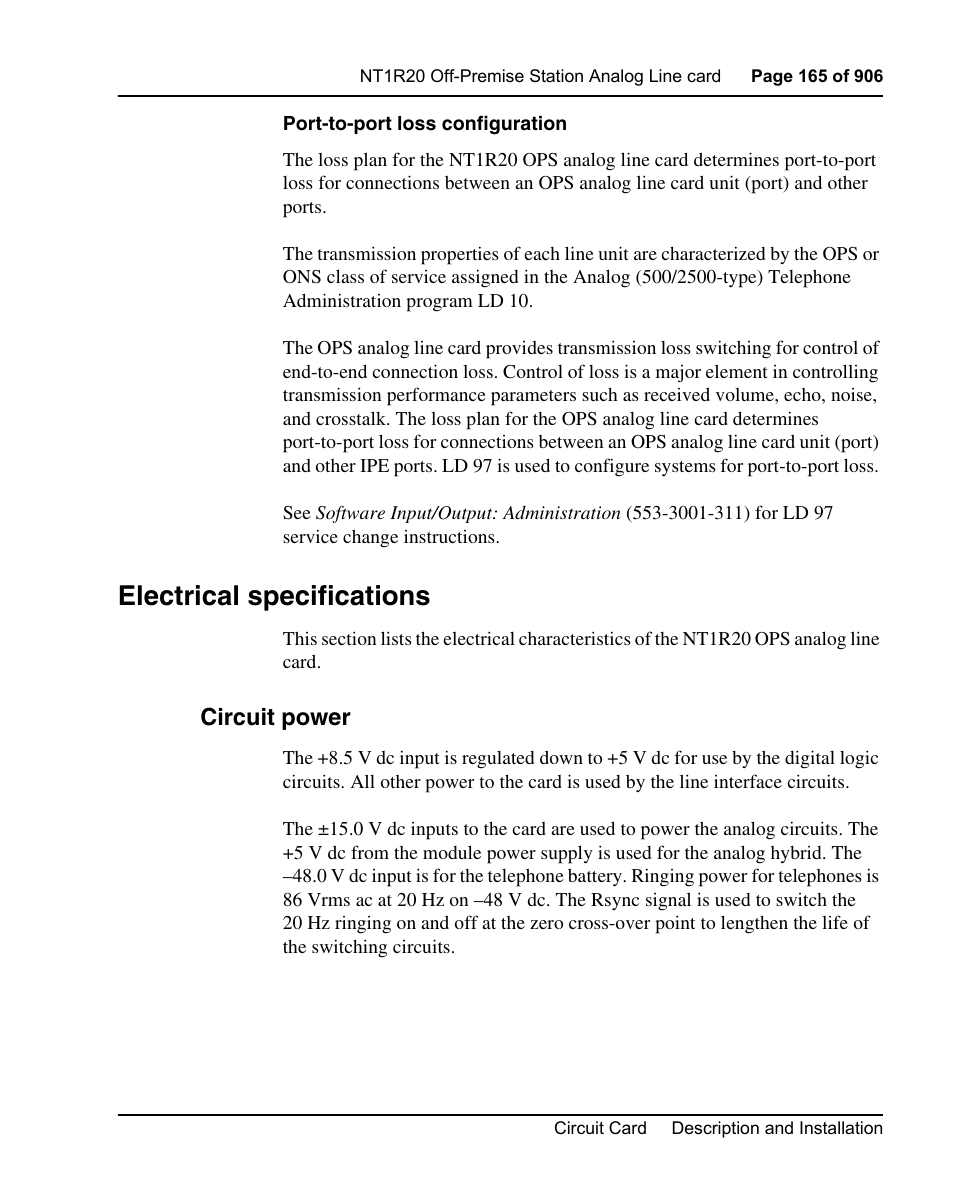 Electrical specifications, Circuit power | Nortel Networks Circuit Card User Manual | Page 165 / 908