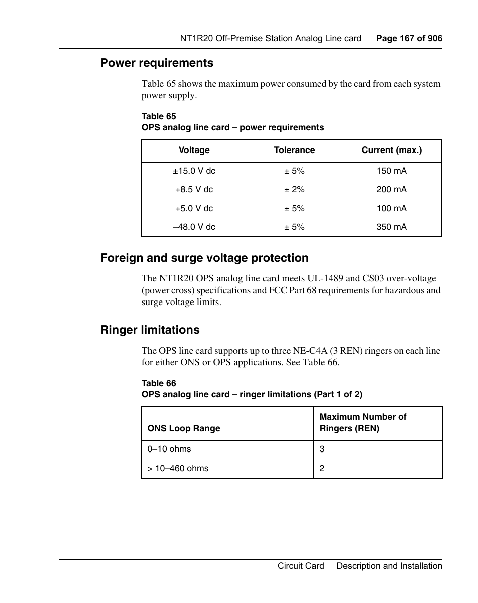 Power requirements, Foreign and surge voltage protection, Ringer limitations | Nortel Networks Circuit Card User Manual | Page 167 / 908