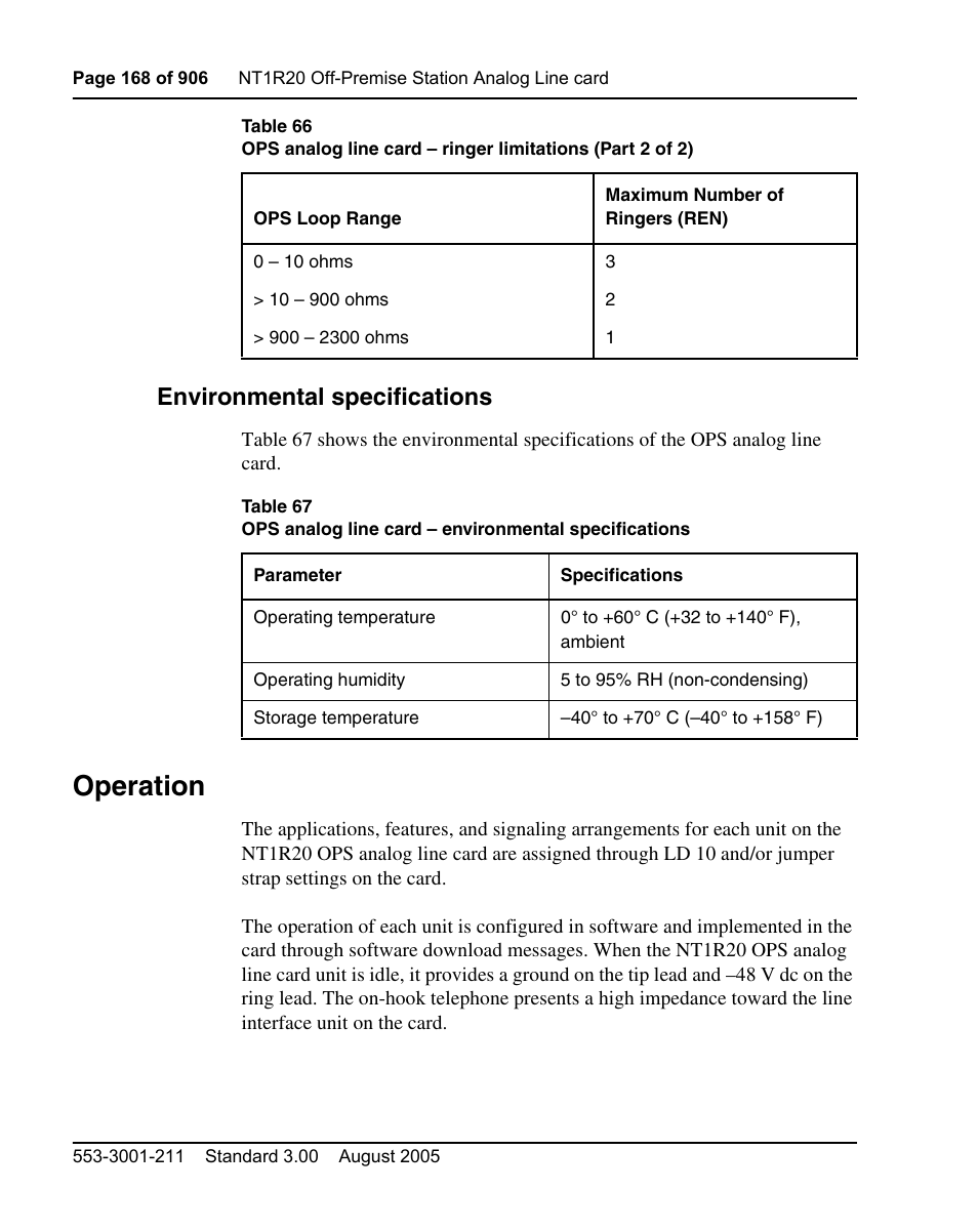 Environmental specifications, Operation | Nortel Networks Circuit Card User Manual | Page 168 / 908