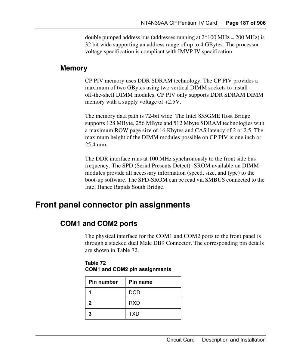 Memory, Front panel connector pin assignments, Com1 and com2 ports | Nortel Networks Circuit Card User Manual | Page 187 / 908