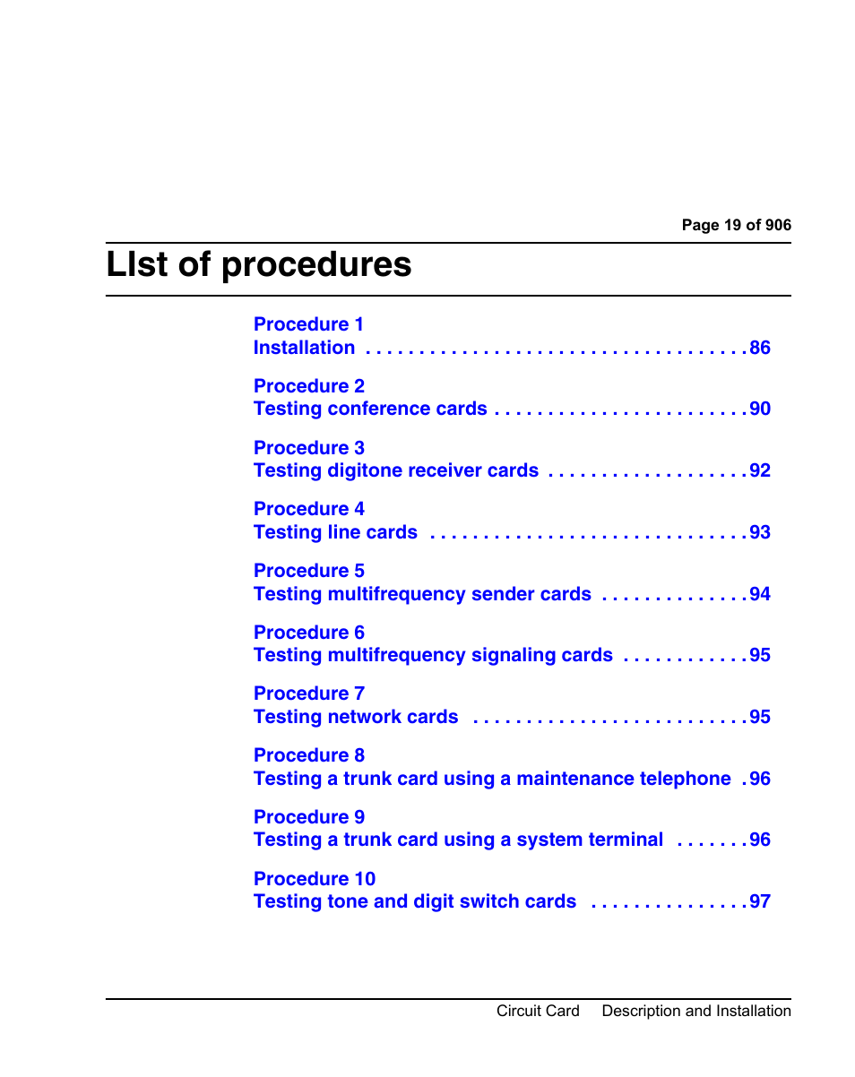 List of procedures | Nortel Networks Circuit Card User Manual | Page 19 / 908