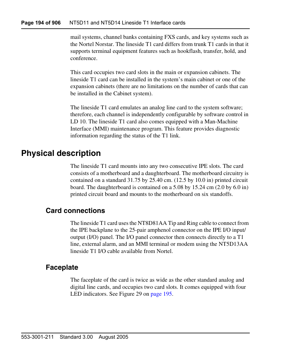 Physical description, Card connections, Faceplate | Nortel Networks Circuit Card User Manual | Page 194 / 908