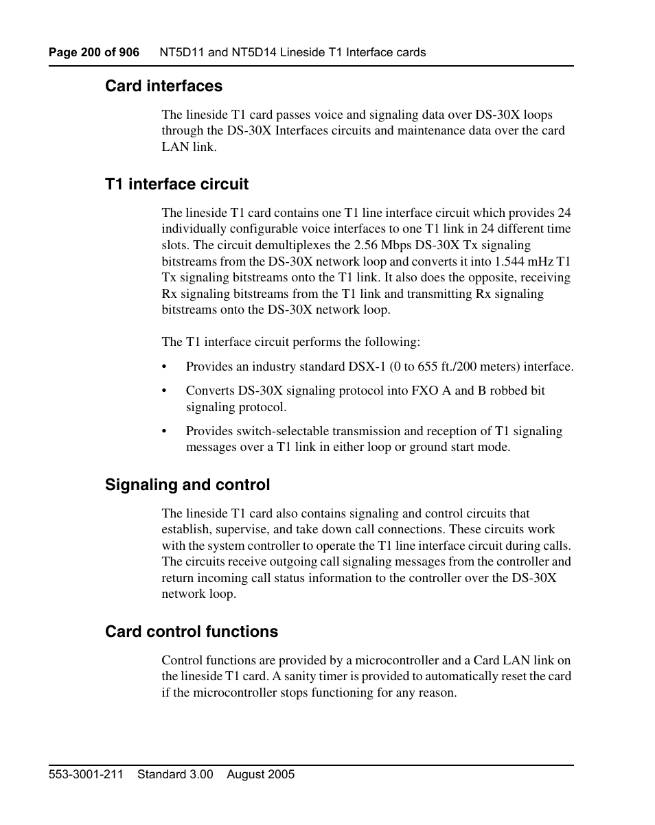 Card interfaces, T1 interface circuit, Signaling and control | Card control functions | Nortel Networks Circuit Card User Manual | Page 200 / 908