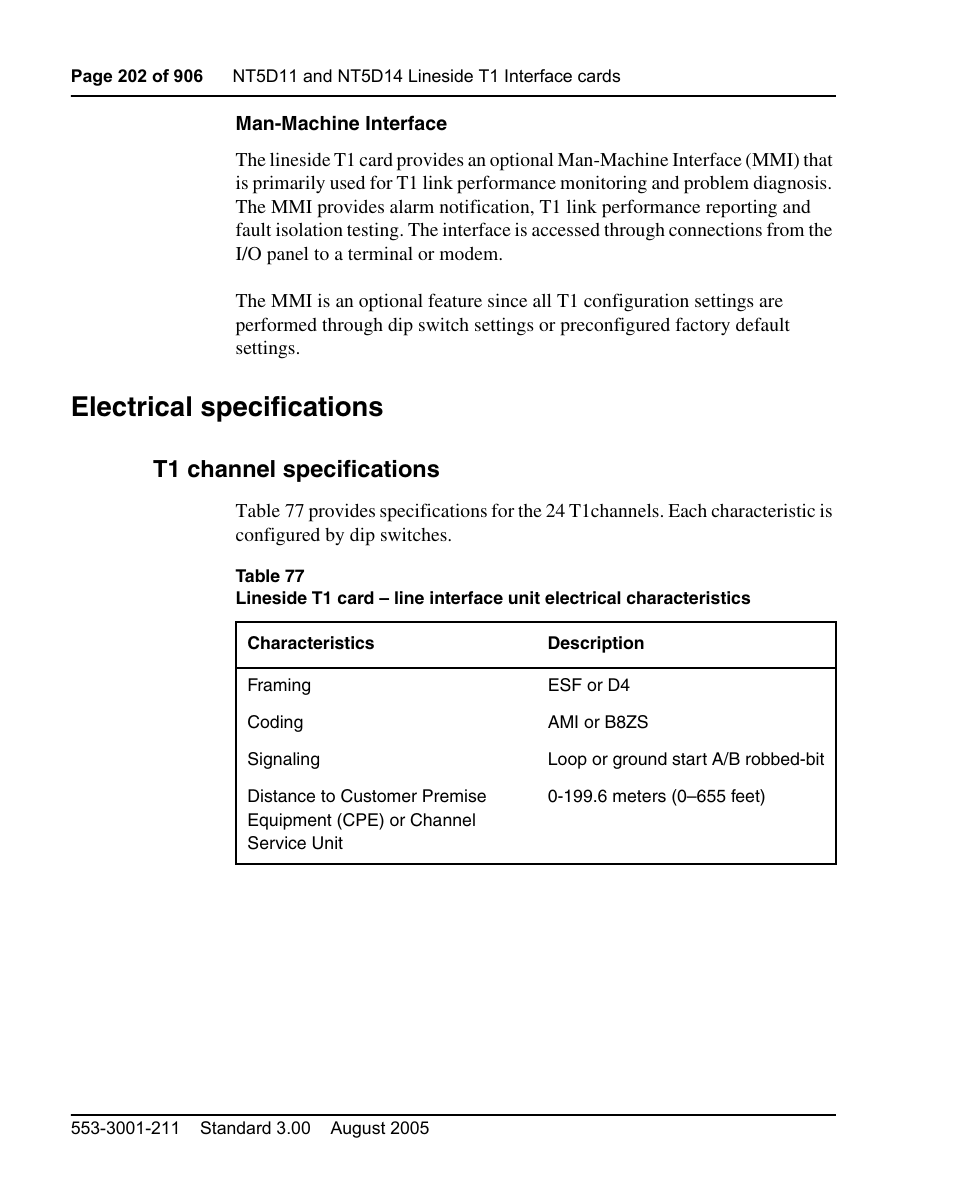 Electrical specifications, T1 channel specifications | Nortel Networks Circuit Card User Manual | Page 202 / 908