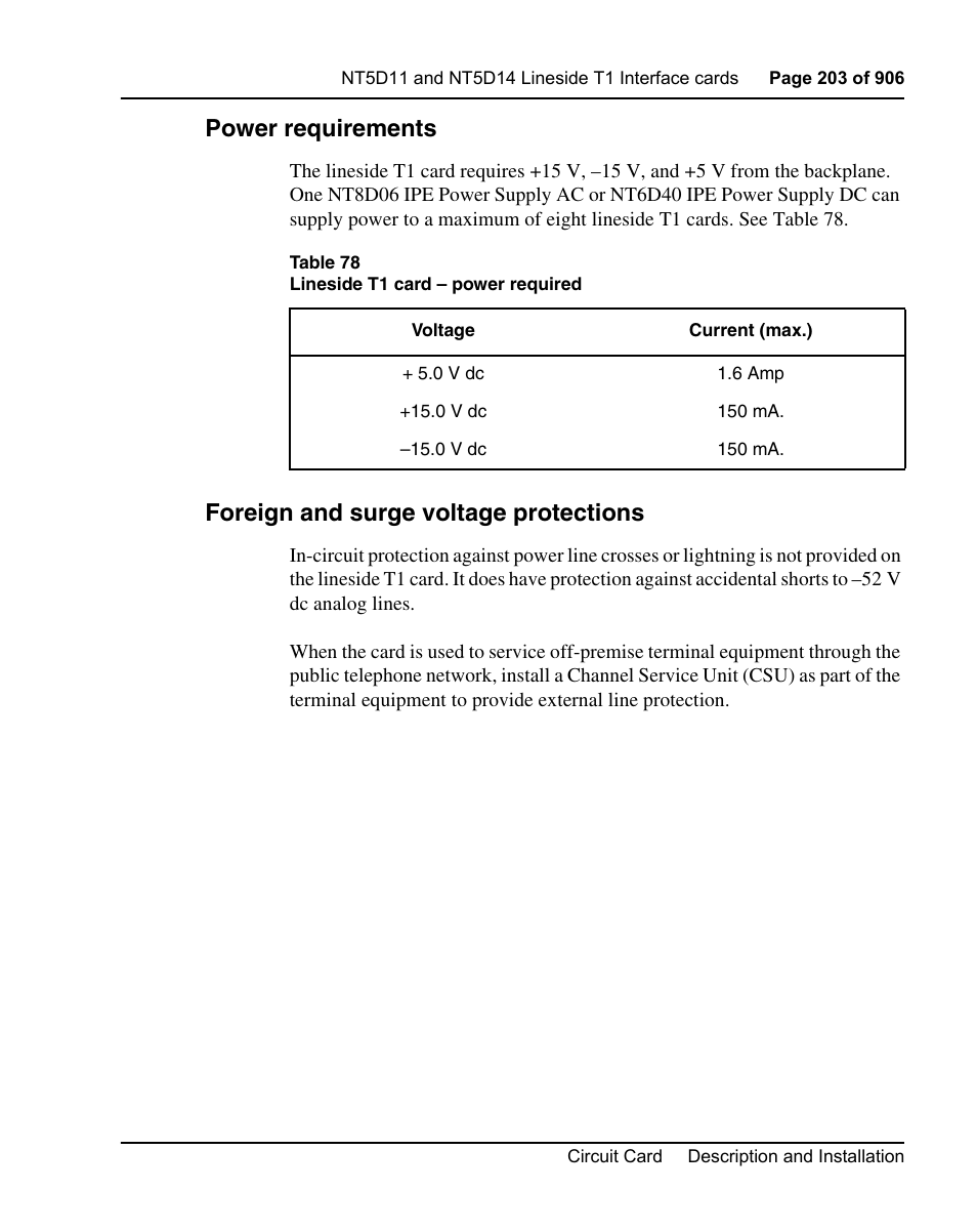 Power requirements, Foreign and surge voltage protections | Nortel Networks Circuit Card User Manual | Page 203 / 908