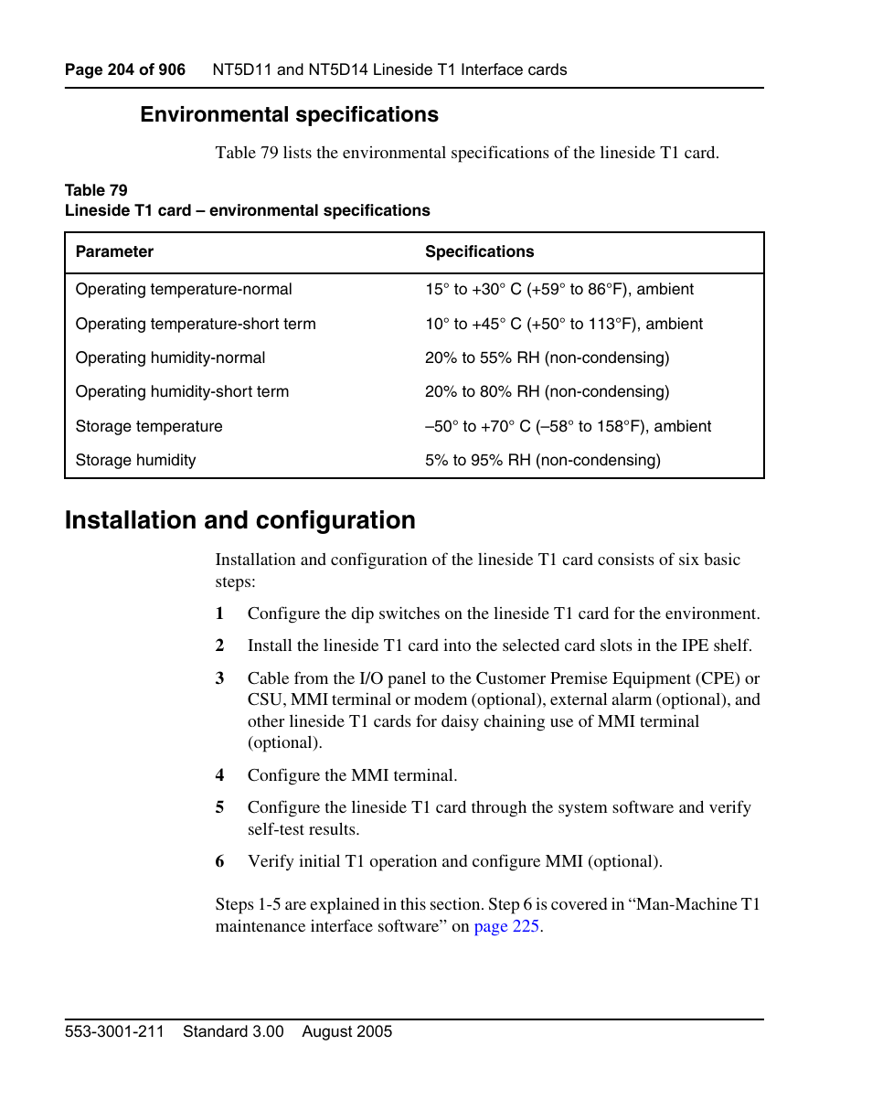 Environmental specifications, Installation and configuration | Nortel Networks Circuit Card User Manual | Page 204 / 908