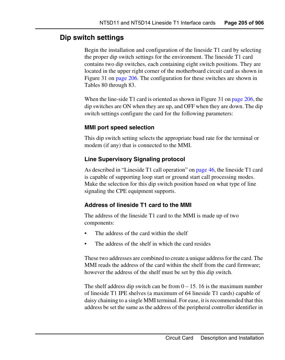 Dip switch settings | Nortel Networks Circuit Card User Manual | Page 205 / 908