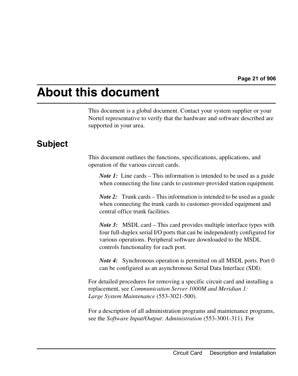 About this document, Subject | Nortel Networks Circuit Card User Manual | Page 21 / 908