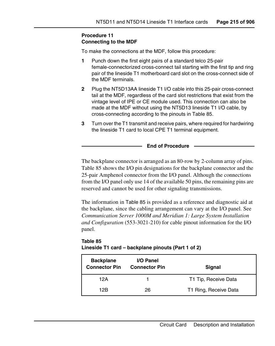 Procedure 11 connecting to the mdf | Nortel Networks Circuit Card User Manual | Page 215 / 908