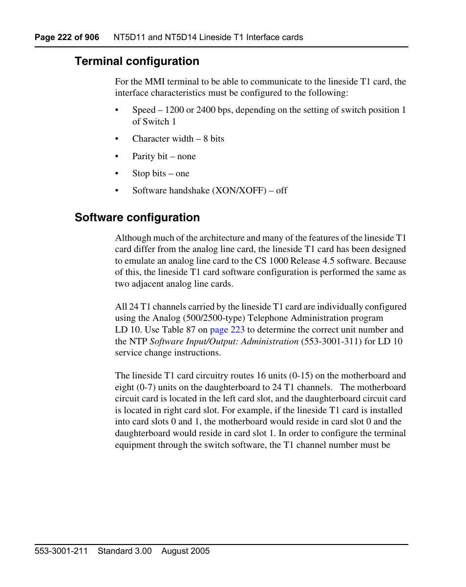 Terminal configuration, Software configuration | Nortel Networks Circuit Card User Manual | Page 222 / 908