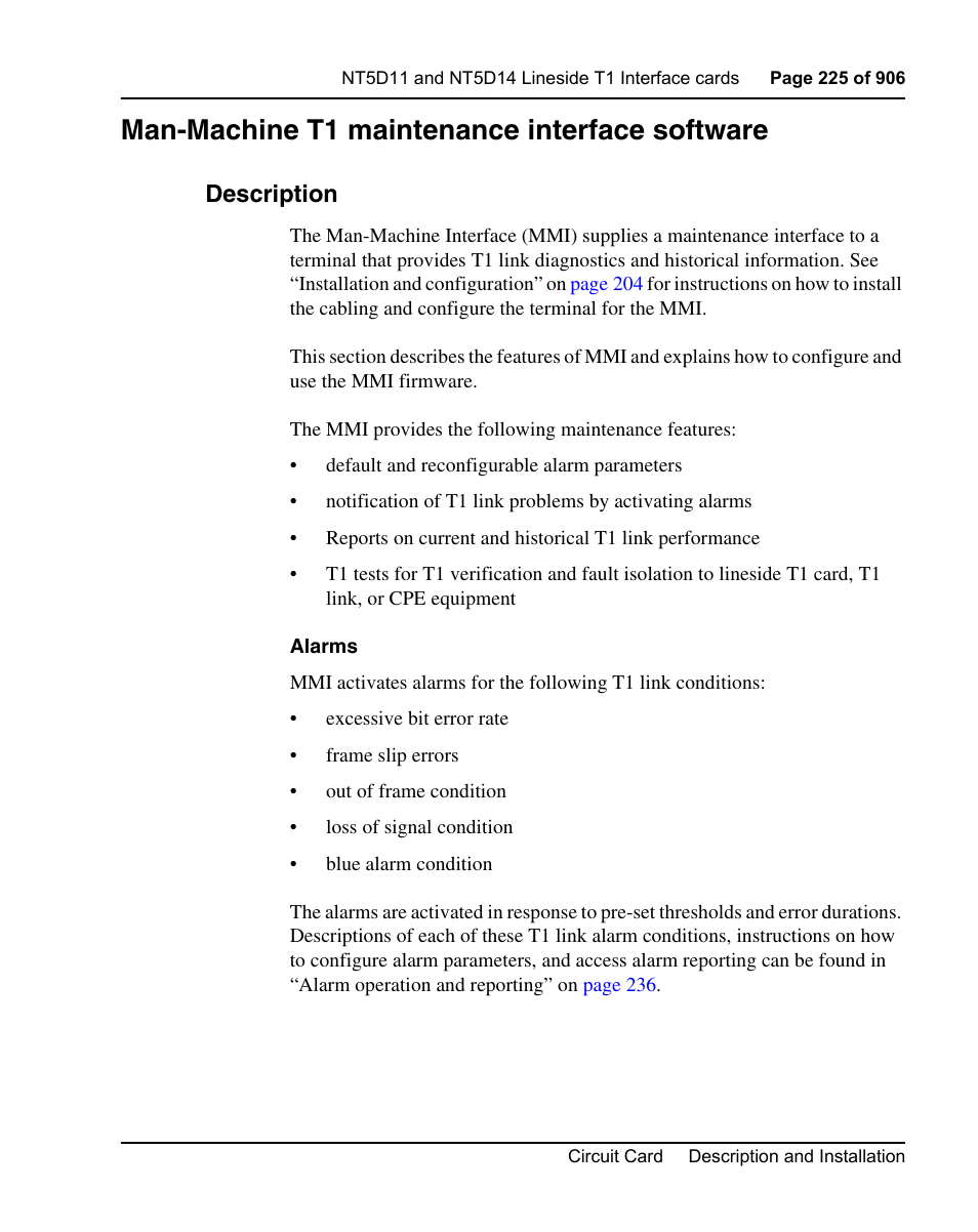 Man-machine t1 maintenance interface software, Description, Man-machine t1 maintenance interface software” on | Nortel Networks Circuit Card User Manual | Page 225 / 908