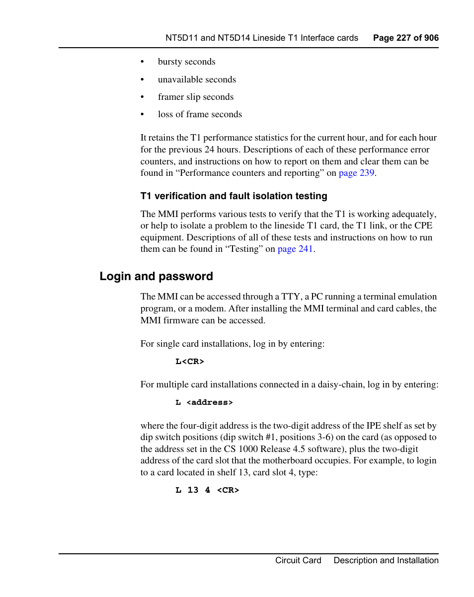 Login and password | Nortel Networks Circuit Card User Manual | Page 227 / 908