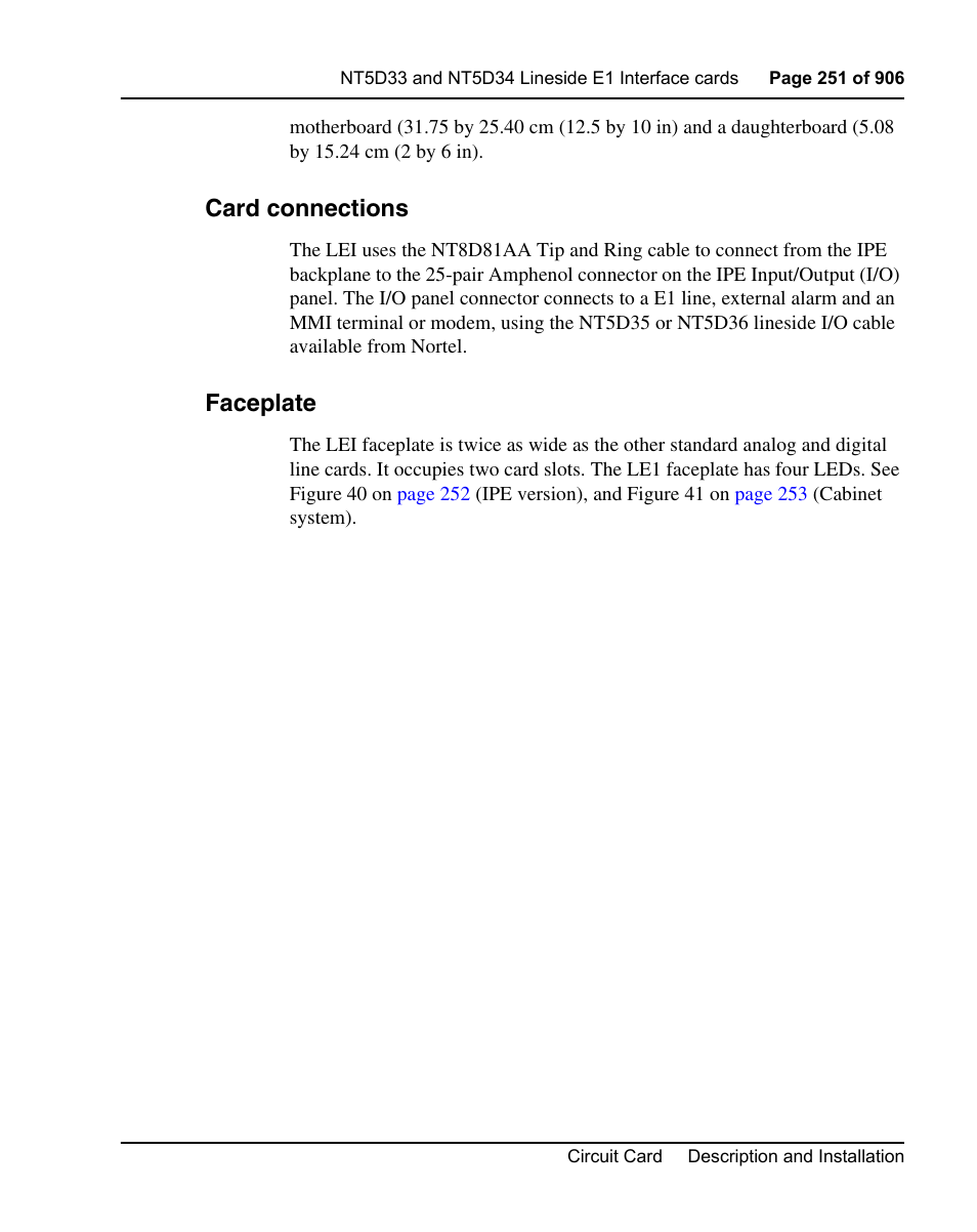 Card connections, Faceplate | Nortel Networks Circuit Card User Manual | Page 251 / 908