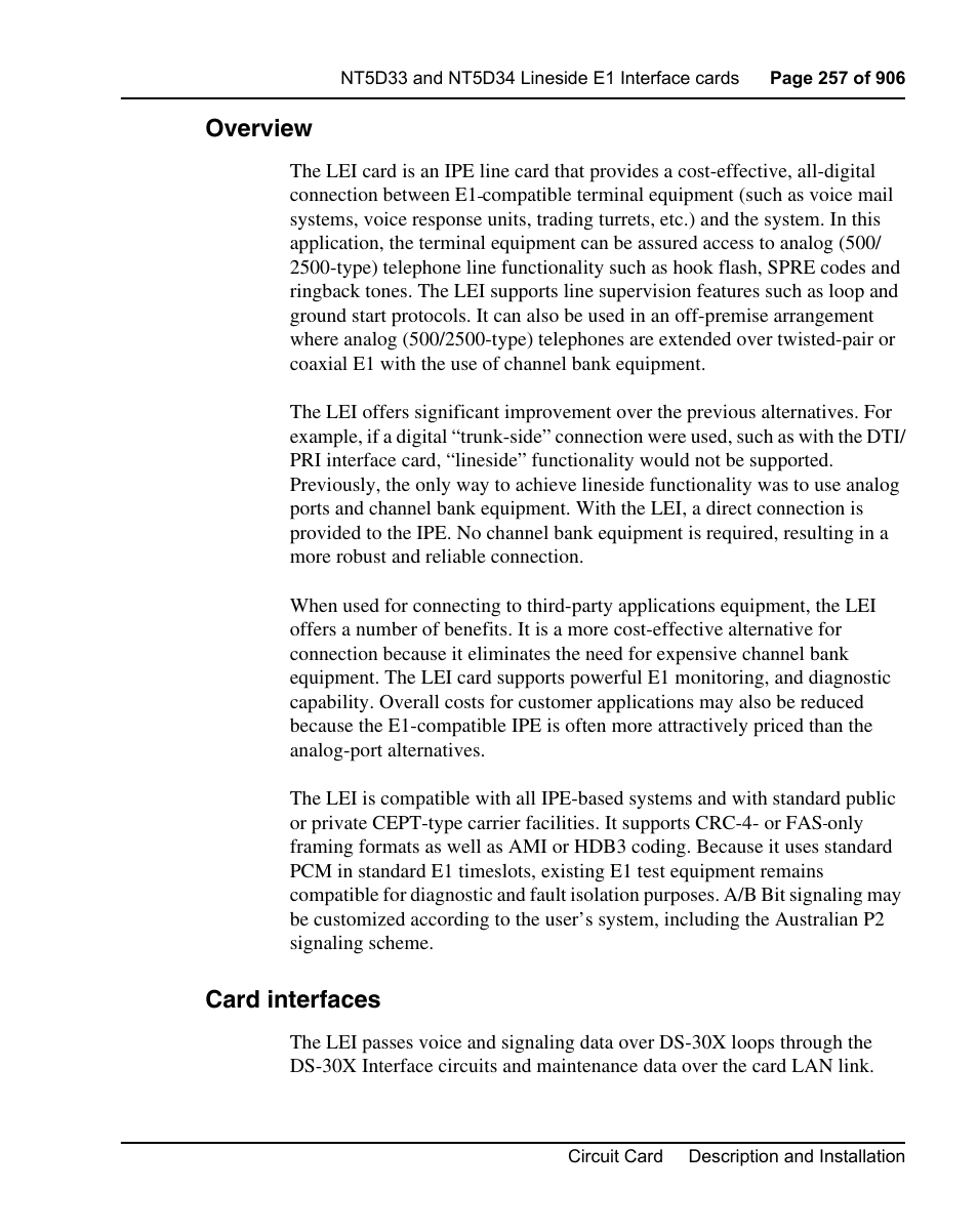 Overview, Card interfaces | Nortel Networks Circuit Card User Manual | Page 257 / 908