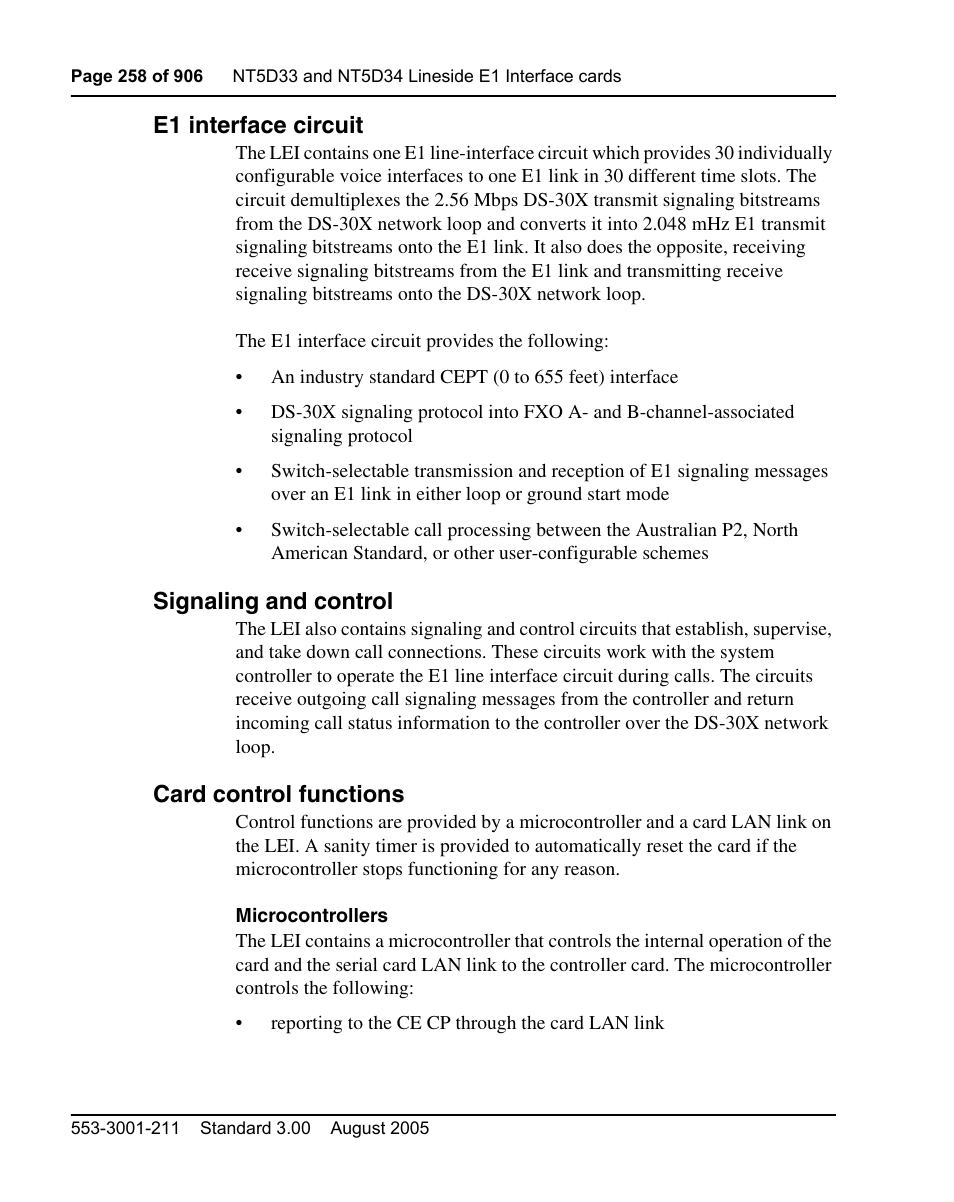 E1 interface circuit, Signaling and control, Card control functions | Nortel Networks Circuit Card User Manual | Page 258 / 908