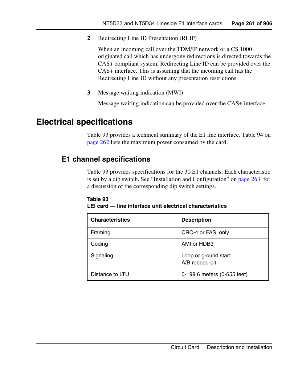 Electrical specifications, E1 channel specifications | Nortel Networks Circuit Card User Manual | Page 261 / 908