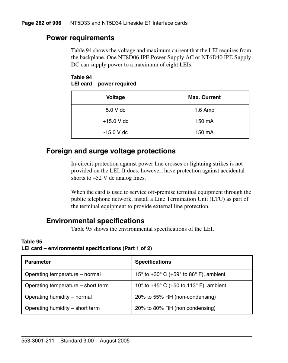 Power requirements, Foreign and surge voltage protections, Rface. table 94 on | Environmental specifications | Nortel Networks Circuit Card User Manual | Page 262 / 908