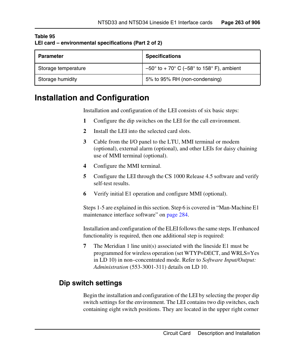 Installation and configuration, Dip switch settings, See “installation and configuration” on | Nortel Networks Circuit Card User Manual | Page 263 / 908